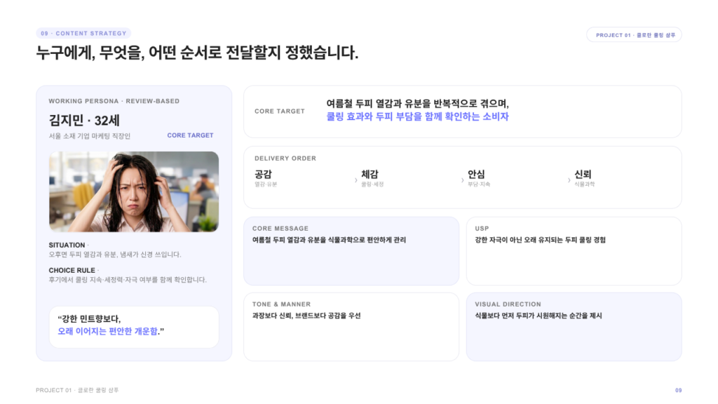 클로란 콘텐츠의 타깃과 메시지, USP와 전달 순서를 정리한 콘텐츠 전략 슬라이드
