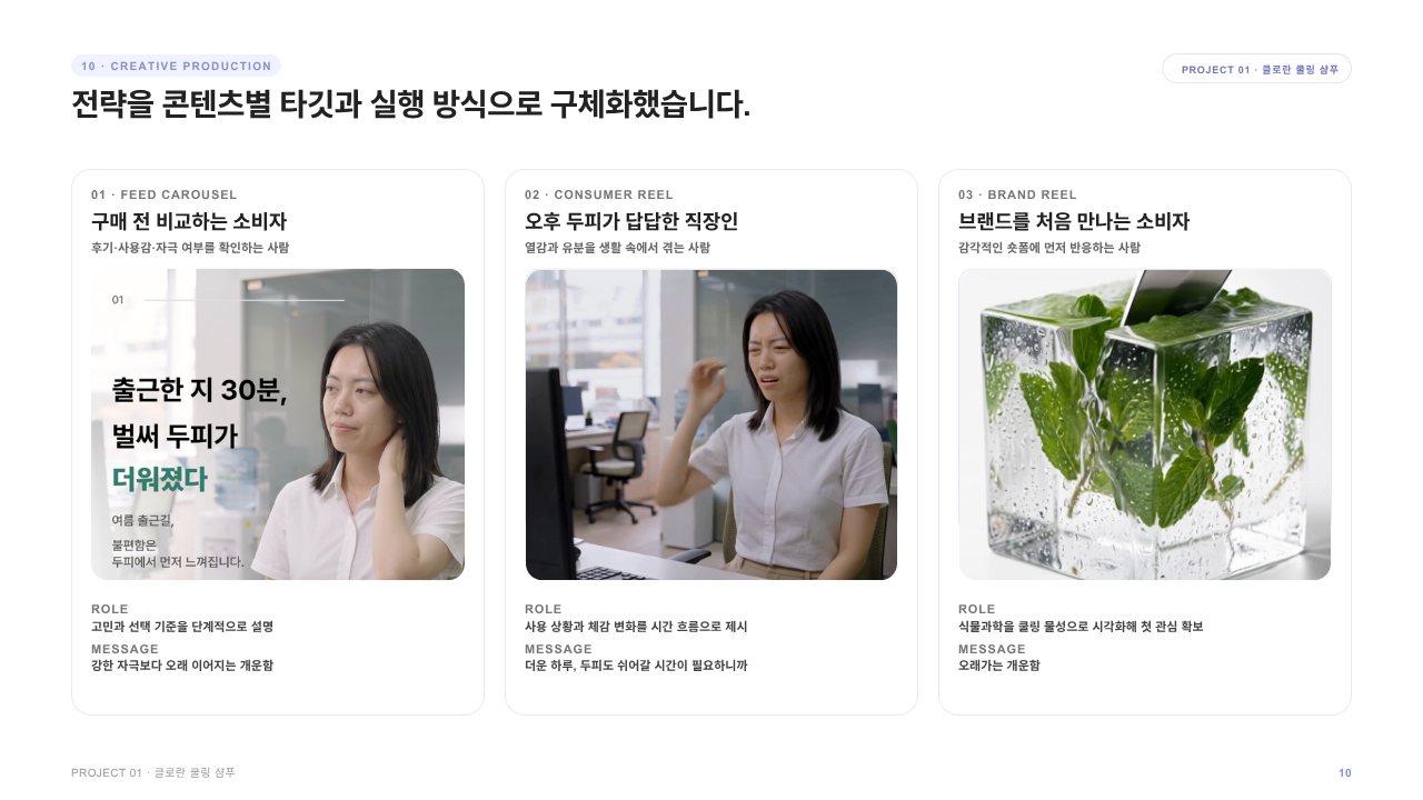 클로란 쿨링 샴푸 마케팅 프로젝트의 캐러셀과 릴스 최종 결과물