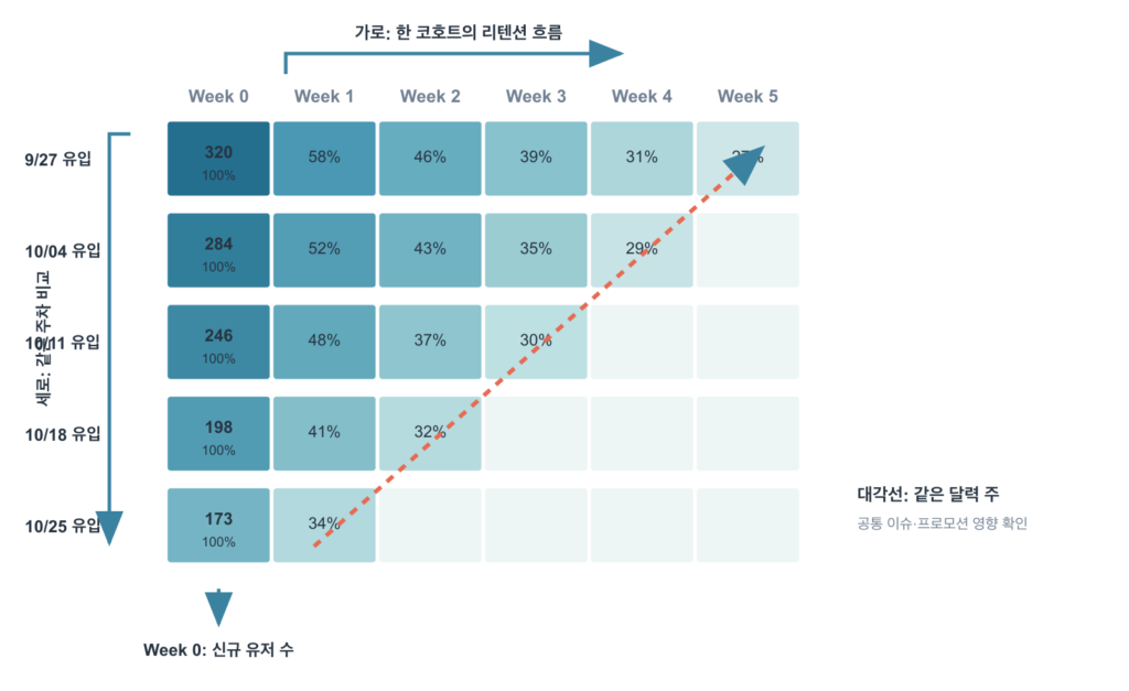 Week 0, 가로, 세로, 대각선 방향으로 코호트 표를 읽는 방법
